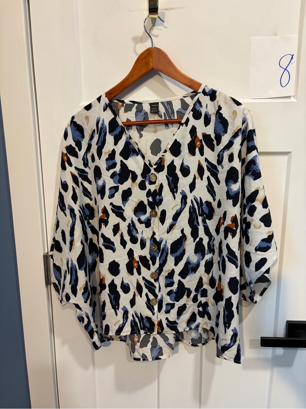 SHEIN Cream Animal Print V-Neck Button Blouse with Blue and Black Spots